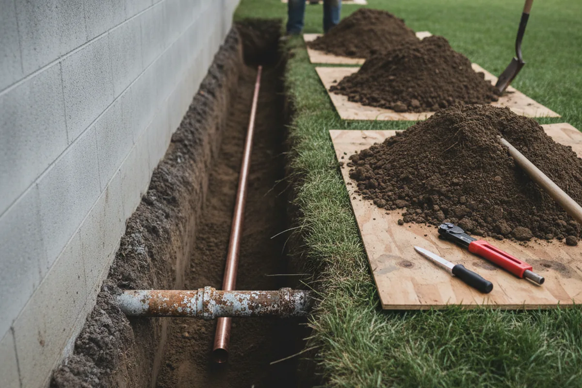 Excavated water line trench during Water Softener Installation in Momence